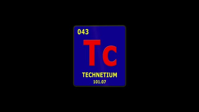 Technetium Element 43 of Periodic Table. Seamlessly looping 3D animation on glowing black background.