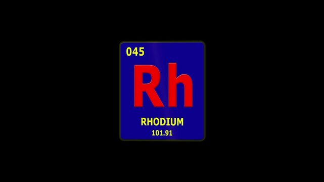 Rhodium Element 45 of Periodic Table. Seamlessly looping 3D animation on glowing black background.