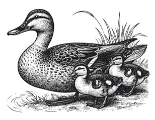 Detailed illustration of a mother duck and ducklings