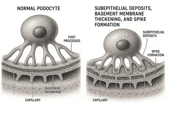 Medical illustration comparing a normal podocyte to an abnormal podocyte with subepithelial deposits, basement membrane thickening, and spike formation.