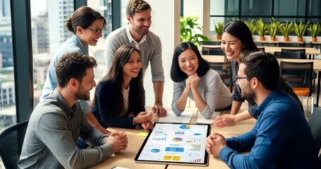 Diverse business team collaborating on data analysis and celebrating success in office - Powered by Adobe