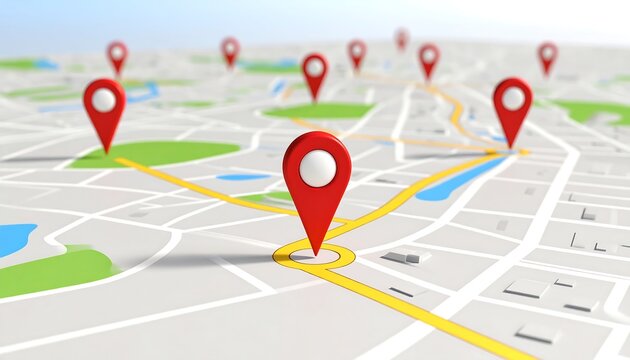 Detailed city map with many red location pins