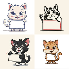 Four adorable cartoon animals include a cat and a raccoon, each holding blank signs. They are perfect for adding personal messages or marketing ideas.