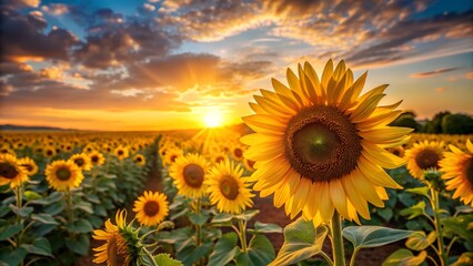 Fototapeta premium Golden Sunflower Field at Sunset with Dramatic Sky and Warm Light