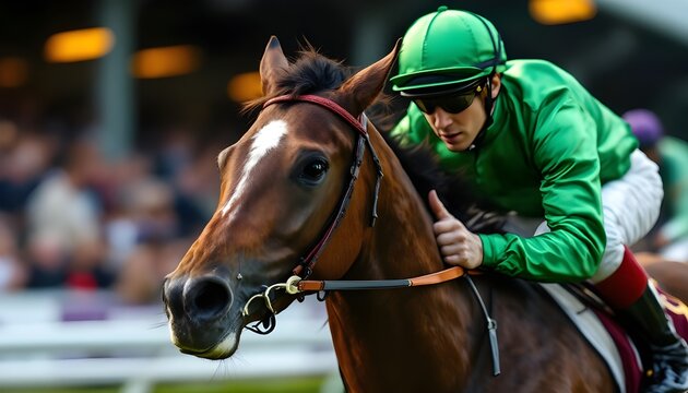 Jockey riding brown racehorse during competition symbolizing speed, power, and professional horse racing sport.