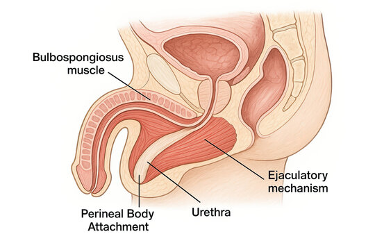 Anatomical illustration of the male pelvic region, highlighting the bulbospongiosus muscle, ejaculatory mechanism, urethra, and perineal body attachment.