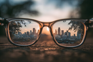City Skyline Through Glasses at Sunset – Creative Perspective Photography