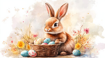 Cute Easter Bunny with Colorful Eggs in Basket &ndash; Watercolor Illustration