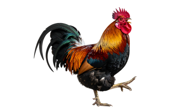 A vibrant rooster stands on one leg with its tail feathers spread wide.