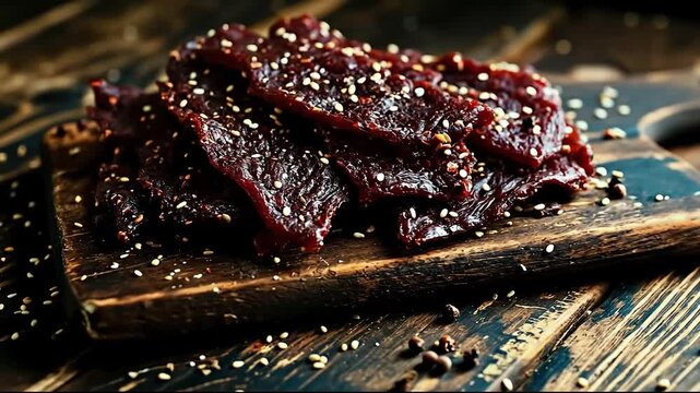 A wooden cutting board topped with slices of beef jerky on top of a wooden table