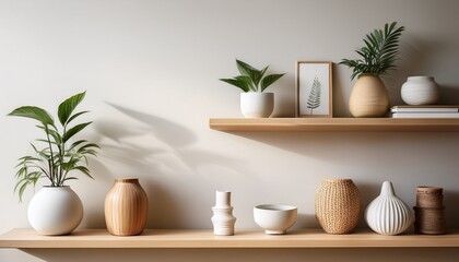 Fototapeta premium stylish home decor featuring minimalistic shelves and decorative objects