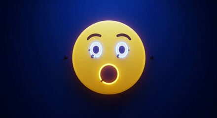 Stunning neon emoji face expresses shock and surprise with glowing vibrant yellow against deep blue background, perfect for modern communication themes
