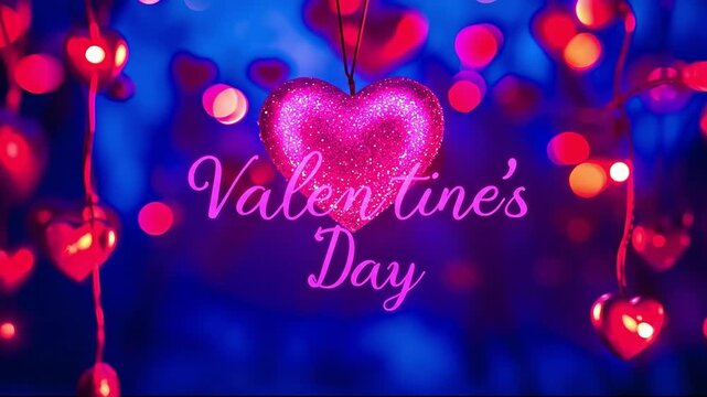 A valentine's day card with hearts hanging from strings of lights