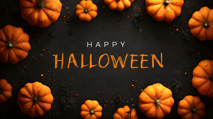 Halloween Greeting Card with Pumpkins and Spiders on Black Background