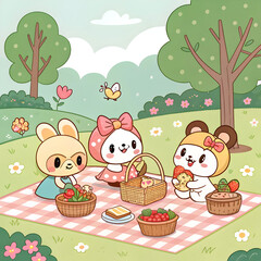 Fototapeta premium Adorable chibi anime characters enjoy a cheerful picnic, surrounded by cute food, blankets