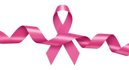 A bright pink satin ribbon, a symbol of breast cancer awareness, is elegantly draped across a clean white background.
