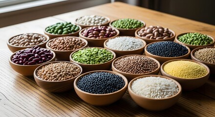 Assortment of Various Grains and Legumes in Wooden Bowls on a Tabletop
