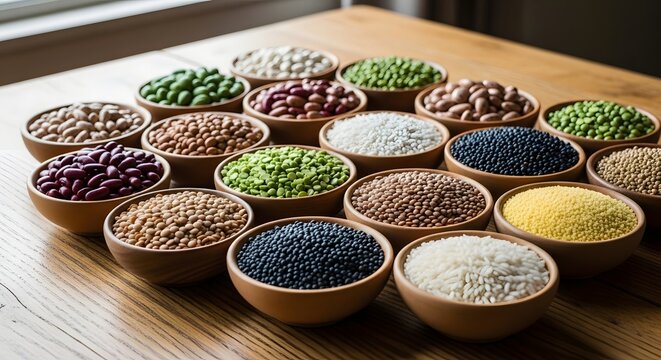 Assortment of Various Grains and Legumes in Wooden Bowls on a Tabletop