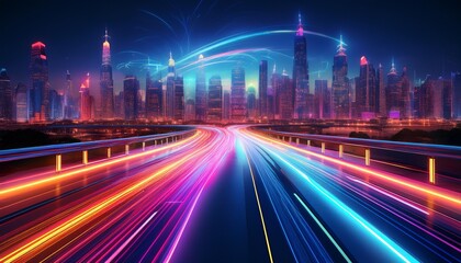Fototapeta premium cityscape with glowing neon traffic trails on road for modern technology concepts generative ai