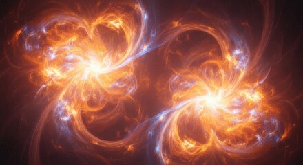 Abstract visualization of two swirling nebulae or energy fields, glowing with intense orange and blue light.