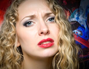 Woman with curly hair, worried expression