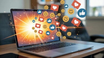 Engaging social media marketing video showing dynamic online interaction with likes, hearts, and smiles bursting from laptop screen for vibrant digital campaigns