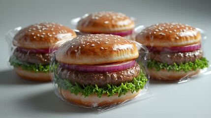 Realistic Juicy Hamburgers in Transparent Packaging &ndash; Fresh Fast Food Concept
