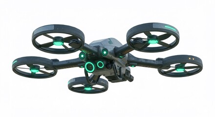 Advanced futuristic drone with glowing green lights and multiple cameras poised for aerial surveillance and modern technology applications