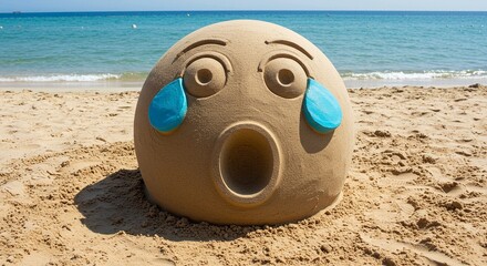 Hilarious crying emoji sand sculpture melts hearts on a sunny beach with gentle ocean waves creating a perfect summer vacation scene