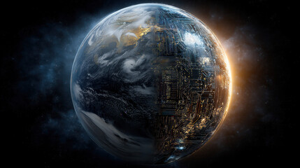Earth half natural, half high-tech cityscape with circuit overlay and glowing transition, cosmic ecology-tech fusion