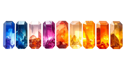 Collection of Colorful Gemstones in a Row on White Background.