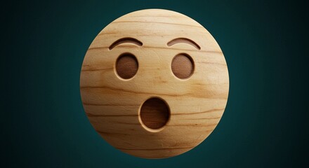Expressive wooden emoji face captures surprise and wonder with textured detail, perfect for conveying shock or awe in a natural, engaging way.
