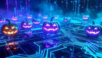 Glowing jack-o'-lanterns on a futuristic circuit board, blending Halloween with advanced technology and neon lights in a dark, digital landscape.