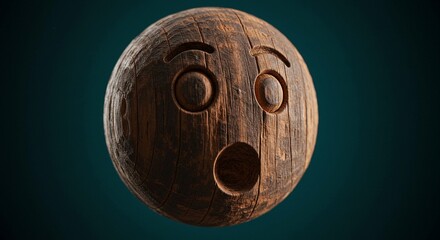 Expressive distressed wooden sphere with surprised emoji face carved, evoking shock and wonder in a textured, rustic design for creative projects and themes