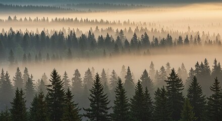 Breathtaking misty forest sunrise paints evergreen trees in warm golden light creating an ethereal, serene natural landscape perfect for tranquility and escape themes