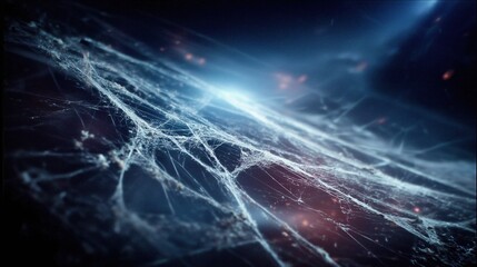 Ethereal spider webs glowing in dark cosmic light
