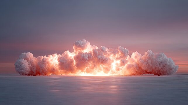 Dramatic Fireball Explosion Over Frozen Landscape Under Pink Sky With Orange Glows and Intense Thermal Radiance