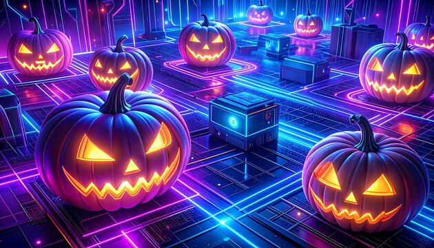 Glowing jack-o'-lanterns on a futuristic neon circuit board with vibrant purple and blue lights creating a spooky cybernetic Halloween scene. - Powered by Adobe