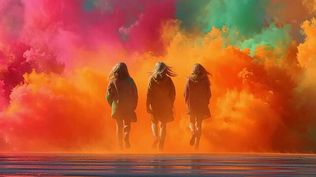 Three Women Walking Through Vibrant Color Smoke Clouds