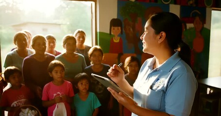 Teacher using a digital tablet to interact with students in a vibrant classroom setting creating a - Powered by Adobe