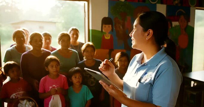 Teacher using a digital tablet to interact with students in a vibrant classroom setting creating a - Powered by Adobe