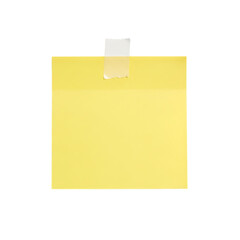 A yellow sticky note attached with a piece of transparent tape, isolated on a transparent background