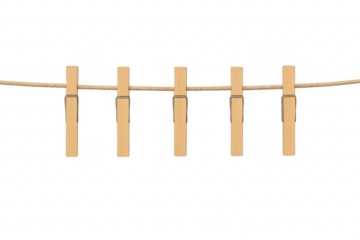 Wooden clothespins hanging on rope clothesline with transparent background