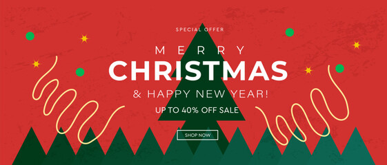 Merry Christmas and Happy New Year  2026 in Red, Gold, Green Colors. Modern Design for Advertising, Web, Social Media, Posters, Banners, Covers. 3D Background in Vector Illustration.