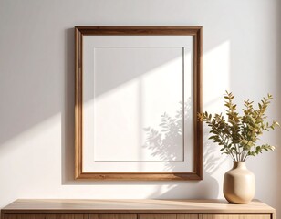 Empty wooden frame on a light wooden surface, sunlit interior
