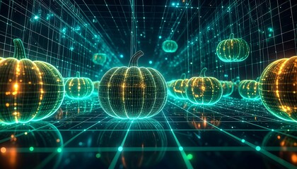 Futuristic digital pumpkins glowing with vibrant neon colors in a virtual grid environment.