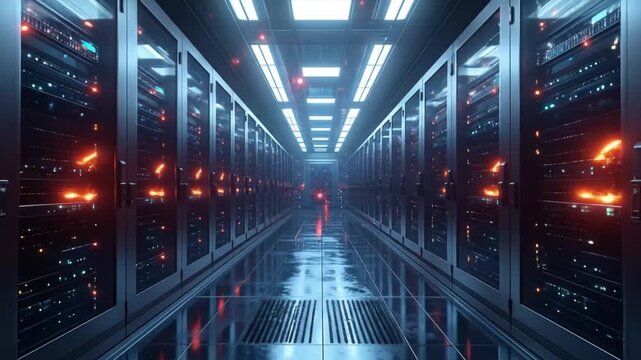 Modern Data Center Server Room with Rack Servers and Futuristic Lighting