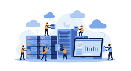 Illustrating the process of managing and organizing complex server infrastructure for efficient data operations and analysis.