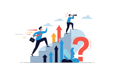 Naklejka premium Business professionals striving for success climbing stairs with a question mark symbolizing uncertainty.