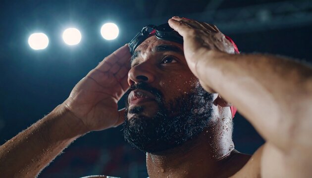 Swimmer Adjusting Goggles Before Competition Under Bright Lights